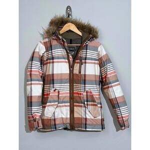 Burton DryRide Snowboard Jacket Womens XS Plaid Insulated Faux Fur Hood